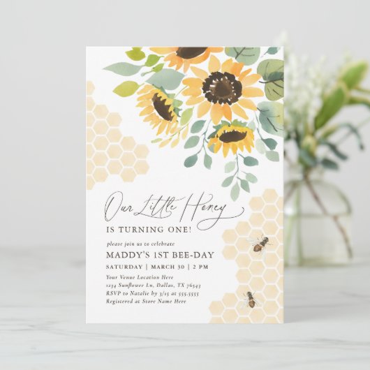 私たちの小さなハニービーひまわり花1日の誕生日 招待状 (スタンド正面)