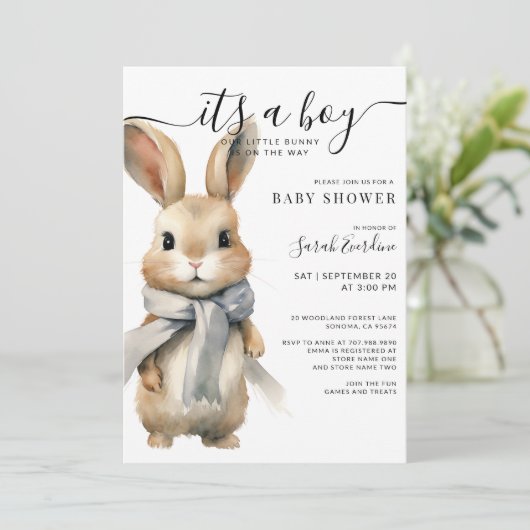 私たちの小さなバニーは男の子の赤ちゃんシャワーの途中にある 招待状 (スタンド正面)