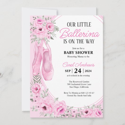 私たちの小さなバレリーナピンクのフローラ赤ちゃんシャワー 招待状 (正面)