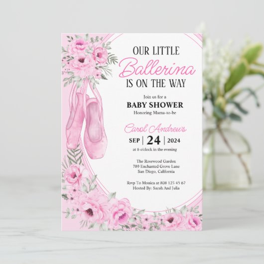 私たちの小さなバレリーナピンクのフローラ赤ちゃんシャワー 招待状 (スタンド正面)