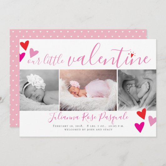 私たちの小さなバレンタインハート誕生の発表カード シーズンカード (正面/裏面)