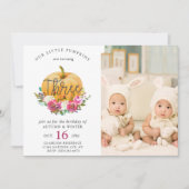 私たちの小さなパンプキン秋の花3人双子の誕生日 招待状 (正面)