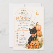 私たちの小さなパンプキン ハロウィン ベビーシャワー 猫 招待状 (正面)