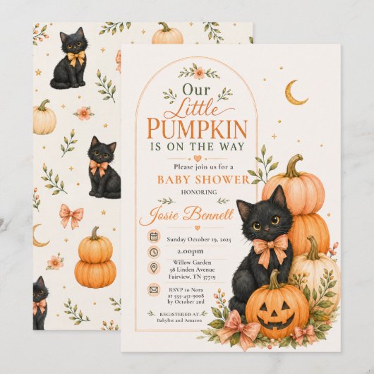 私たちの小さなパンプキン ハロウィン ベビーシャワー 猫 招待状 (正面/裏面)