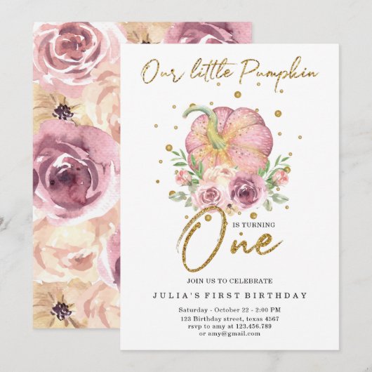 私たちの小さなパンプキン ファーストバースデー ピンク 招待状 (正面/裏面)