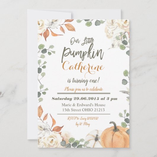 私たちの小さなパンプキン　1歳の誕生日　女の子 男の子 招待状 (正面)
