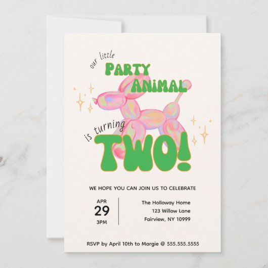 私たちの小さなパーティーバルーン動物の第2の誕生日 招待状 (正面)
