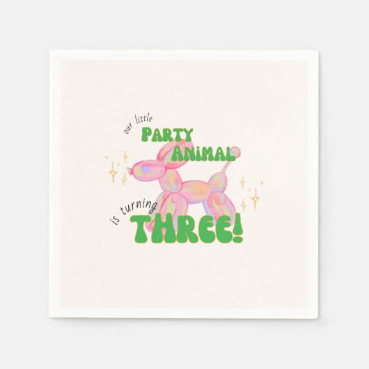 私たちの小さなパーティーバルーン動物の第3誕生日 スタンダードカクテルナプキン (正面)