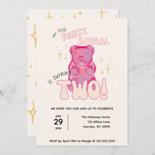 私たちの小さなパーティー動物グミベア2歳の誕生日 招待状 (正面/裏面)