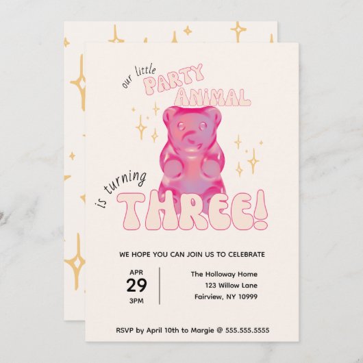 私たちの小さなパーティー動物グミベア3歳の誕生日 招待状 (正面/裏面)
