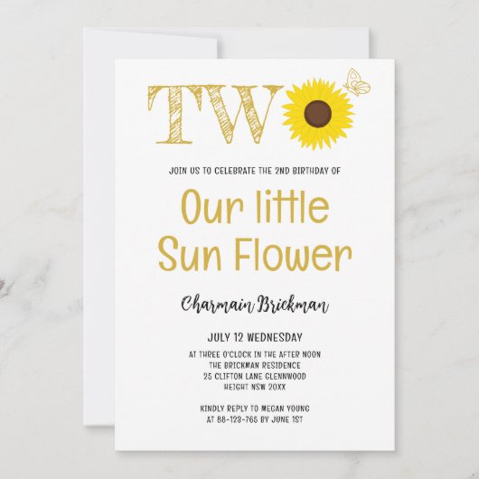 私たちの小さなヒマワリ2番目の誕生日パーティー 招待状 (正面)