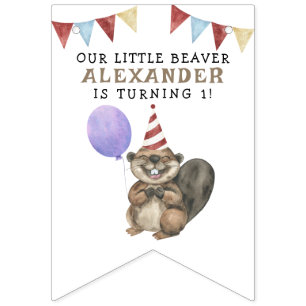 私たちの小さなビーバーの1歳の誕生日パーティー バンティングフラッグ