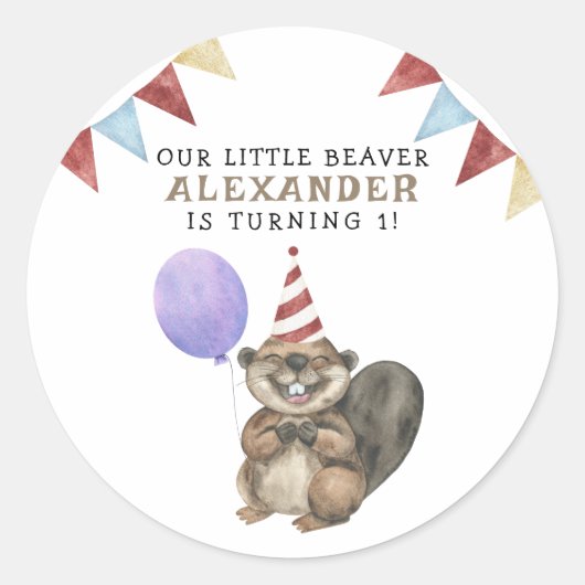 私たちの小さなビーバーの1歳の誕生日パーティー ラウンドシール (正面)