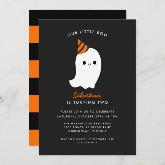私たちの小さなブキッズハロウィーンをテーマにした誕生日 招待状 (正面/裏面)