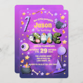 私たちの小さなブパープルハロウィーン1st誕生日ベビー 招待状 (正面/裏面)