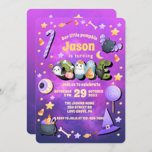 私たちの小さなブパープルハロウィーン1st誕生日ベビー 招待状 (正面/裏面)