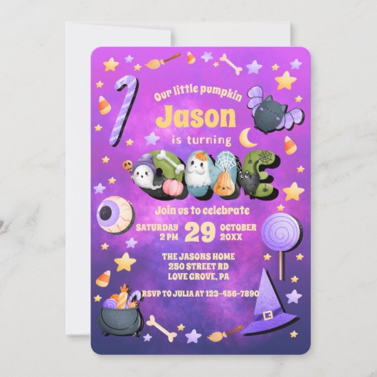 私たちの小さなブパープルハロウィーン1st誕生日ベビー 招待状 (正面)
