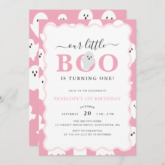 私たちの小さなブピンクハロウィーン女の子1st誕生日 招待状 (正面/裏面)