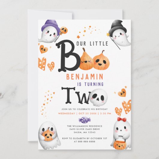 私たちの小さなブーかわいい幽霊ハロウィーン2回目の誕生日 招待状 (正面)