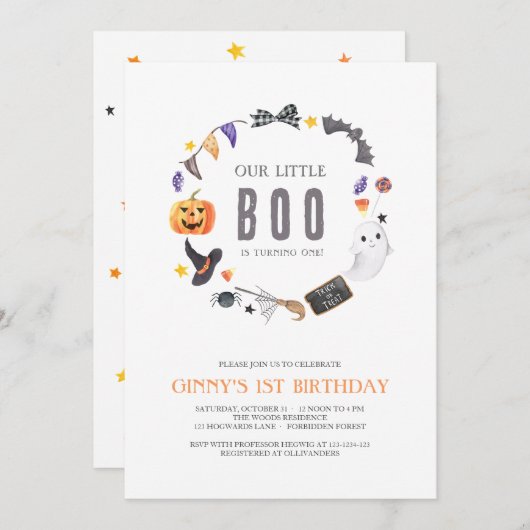 私たちの小さなブーは1回、子供たち1歳の誕生日を回している 招待状 (正面/裏面)