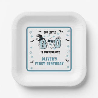 私たちの小さなブーは、1つの青い1歳の誕生日を回している ペーパープレート