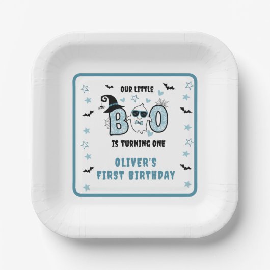 私たちの小さなブーは、1つの青い1歳の誕生日を回している ペーパープレート (正面)