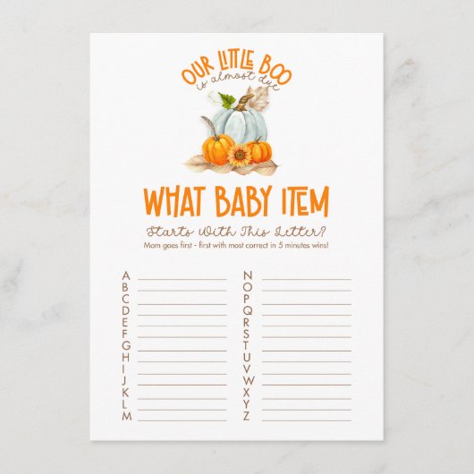 私たちの小さなブーブベイビーシャワー何ベビーアイテムゲーム エンクロージャーカード (正面)