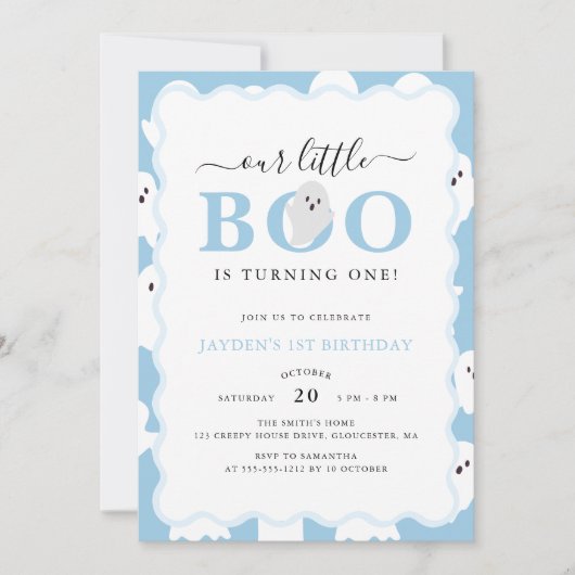 私たちの小さなブーブルーハロウィンボーイ1st誕生日 招待状 (正面)
