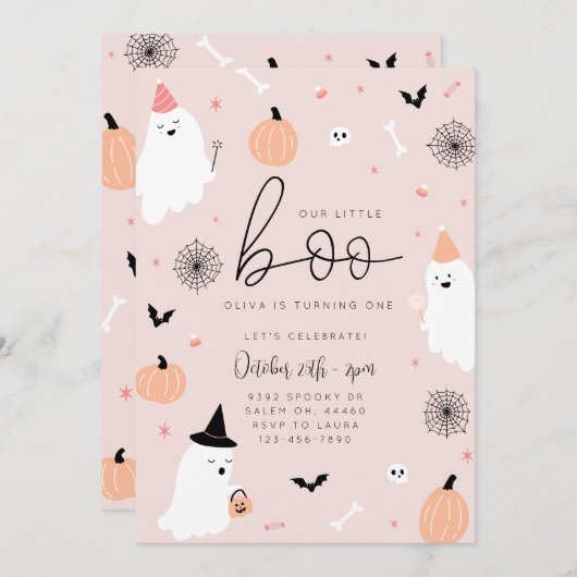 私たちの小さなブー – 1st誕生日ハロウィーン招待状 セーブザデート (正面/裏面)