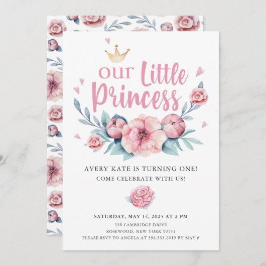 私たちの小さなプリンセスの誕生日パーティー 招待状 (正面/裏面)