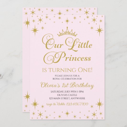 私たちの小さなプリンセス王室の金ゴールドとピンクの誕生日 招待状 (正面/裏面)