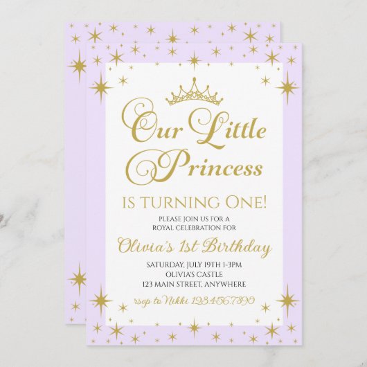 私たちの小さなプリンセス王室の金ゴールドとブルー誕生日 招待状 (正面/裏面)