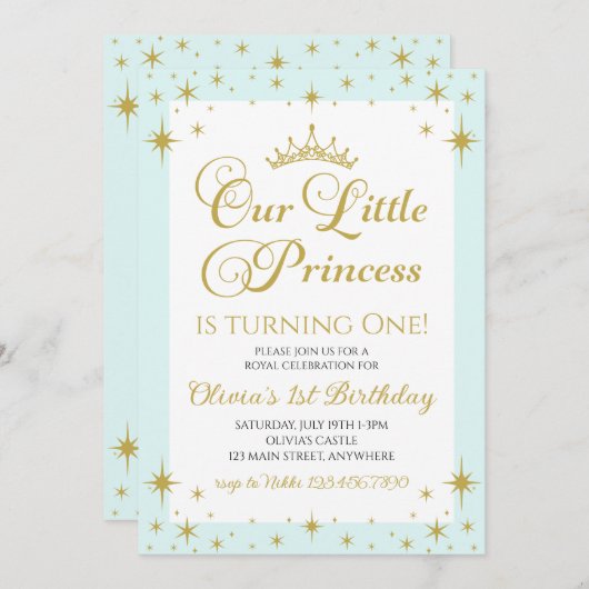私たちの小さなプリンセス王室の金ゴールドとブルー誕生日 招待状 (正面/裏面)