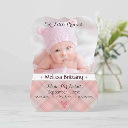 私たちの小さなプリンセス赤ちゃん女の子の誕生発表 案内状 (スタンド正面)