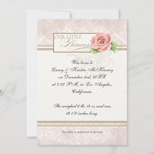 私たちの小さなプリンセス赤ちゃん女の子の誕生発表 案内状 (裏面)