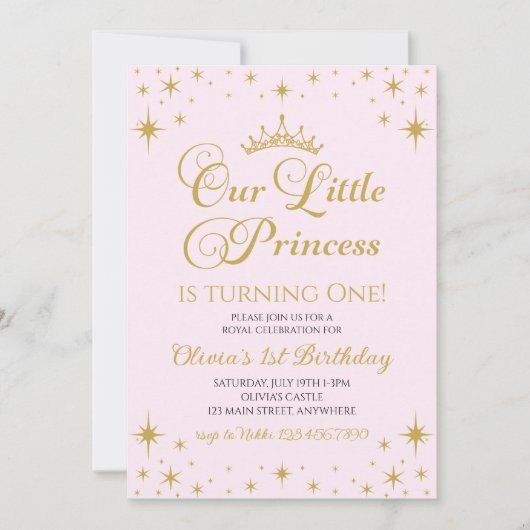 私たちの小さなプリンセス ロイヤル ゴールドとピンクの誕生日 招待状 (正面)