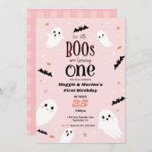 私たちの小さなボオスピンクツインハロウィンファースト誕生日 招待状 (正面/裏面)