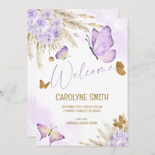 私たちの小さなボホパープルバタフライ誕生 案内状 (正面/裏面)