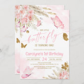 私たちの小さなボーホー ピンクの蝶の誕生日招待状 招待状 (正面/裏面)