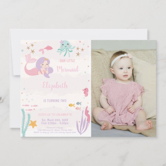 私たちの小さなマーメイド誕生日招待状と写真 招待状 (正面)