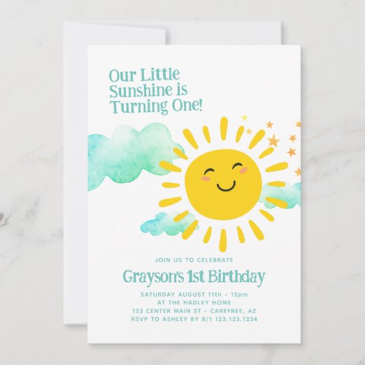 私たちの小さなモダン太陽の日の最初の誕生日 招待状 (正面)