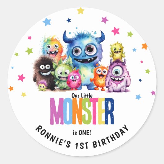 私たちの小さなモンスターの1歳の誕生日パーティー ラウンドシール (正面)