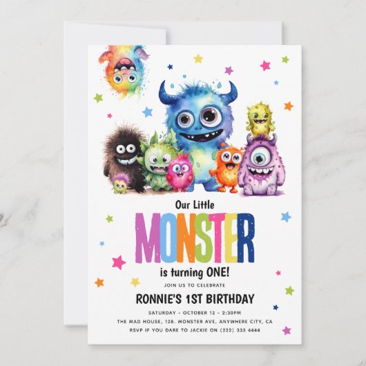 私たちの小さなモンスター1歳の誕生日パーティの招待状 招待状 (正面)