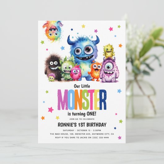 私たちの小さなモンスター1歳の誕生日パーティの招待状 招待状 (スタンド正面)