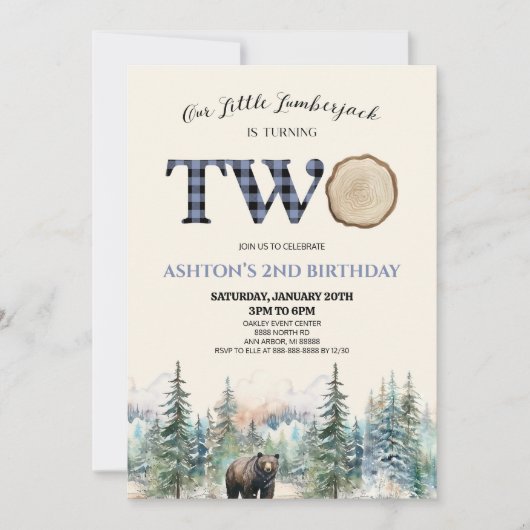 私たちの小さなランバージャックベアーブルーの2番目の誕生日パーティー 招待状 (正面)