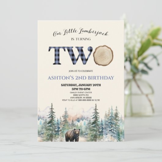 私たちの小さなランバージャックベアーブルーの2番目の誕生日パーティー 招待状 (スタンド正面)