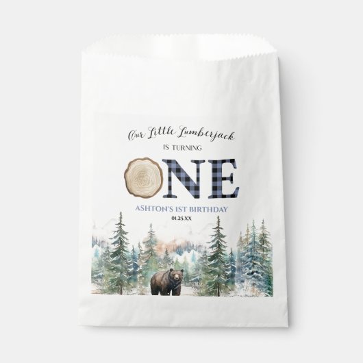 私たちの小さなランバージャックベアーブルー1st誕生日パーティー フェイバーバッグ (正面)