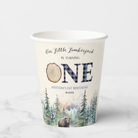 私たちの小さなランバージャックベアーブルー1st誕生日パーティー 紙コップ (裏面)