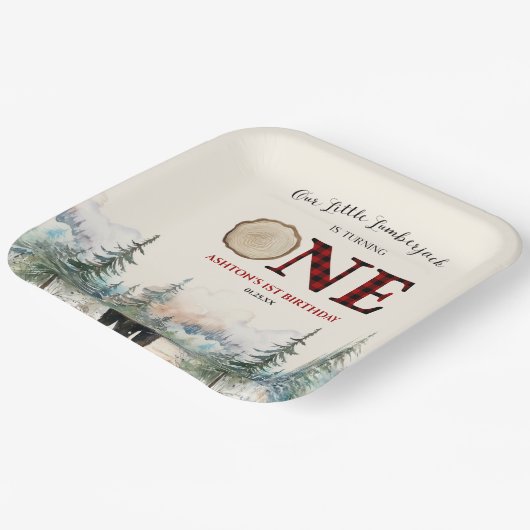 私たちの小さなランバージャックベアーレッドの1番目の誕生日パーティー ペーパープレート (傾斜あり)