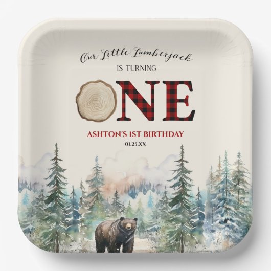 私たちの小さなランバージャックベアーレッドの1番目の誕生日パーティー ペーパープレート (正面)